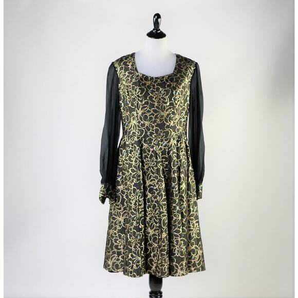 Vintage 1960s Black Gold Floral Printed Dress with Chiffon Long Sleeves Large - Picture 3 of 9